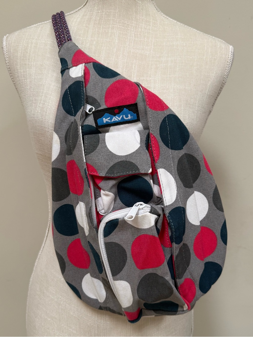 Kavu Gray Sling Bag with Red, White, Navy and Dark Gray Polka Dots